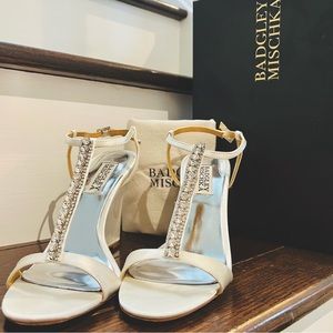 Badgley Mischka Satin & Crystal Wedge Sandals (white/cream)
